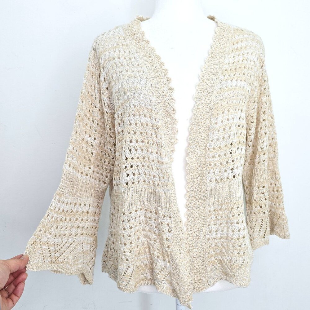 Vintage Y2K Tan Beige Boho Loose KNit Bell Sleeve Open Front  Cardigan Sweater W - Picture 2 of 6
